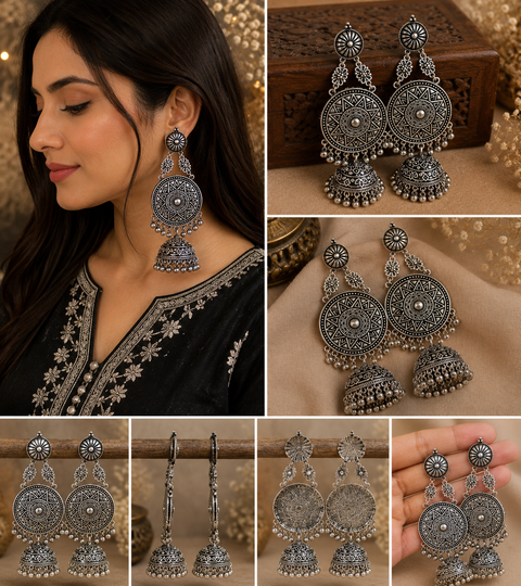 Beautiful oxidised bigger jhumka (slight variations in color and design is possible)