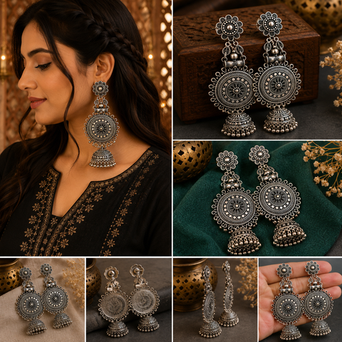 Beautiful oxidised bigger jhumka (slight variations in color and design is possible)
