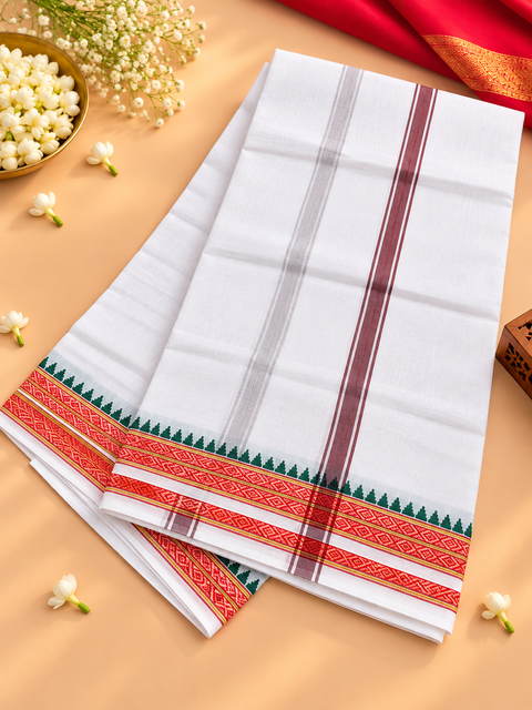 Traditional men’s cotton dhoti in a rich dark maroon shade, featuring an elegant golden woven border. Ideal for poojas, religious ceremonies, and traditional occasions, (around 5 meters) Pair with a Gamcha for gifting to Pandit Ji.