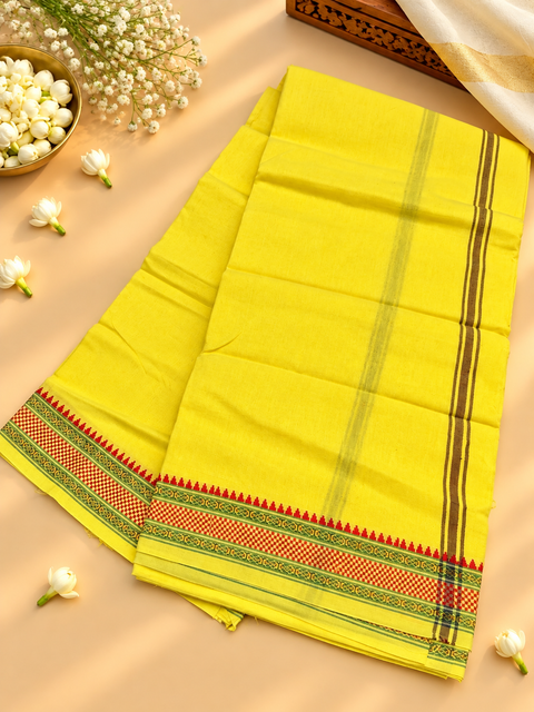 Traditional men’s cotton dhoti in a rich dark maroon shade, featuring an elegant golden woven border. Ideal for poojas, religious ceremonies, and traditional occasions, (around 5 meters) Pair with a Gamcha for gifting to Pandit Ji.