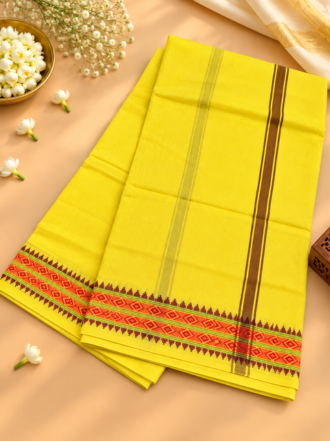 Traditional men’s cotton dhoti in a rich dark maroon shade, featuring an elegant golden woven border. Ideal for poojas, religious ceremonies, and traditional occasions, (around 5 meters) Pair with a Gamcha for gifting to Pandit Ji.