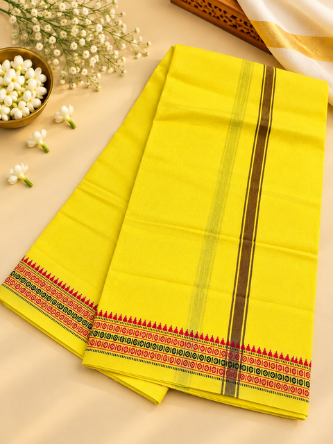 Traditional men’s cotton dhoti in a rich dark maroon shade, featuring an elegant golden woven border. Ideal for poojas, religious ceremonies, and traditional occasions, (around 5 meters) Pair with a Gamcha for gifting to Pandit Ji.