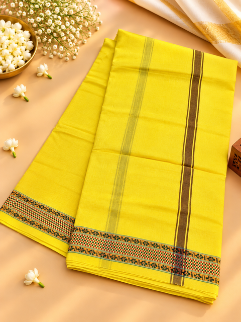 Traditional men’s cotton dhoti in a rich dark maroon shade, featuring an elegant golden woven border. Ideal for poojas, religious ceremonies, and traditional occasions, (around 5 meters) Pair with a Gamcha for gifting to Pandit Ji.
