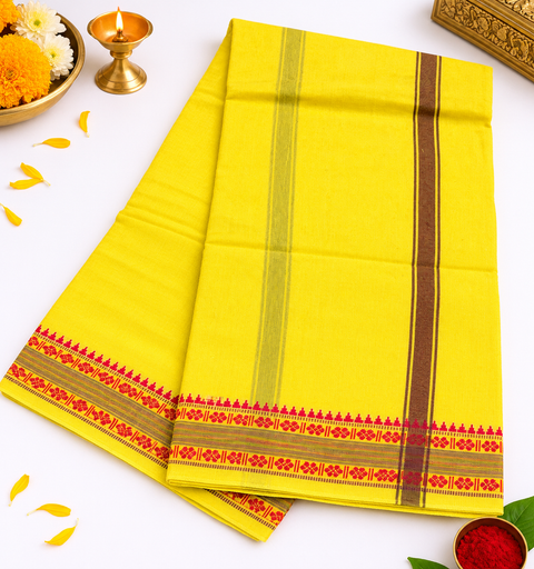 Traditional men’s cotton dhoti in yellow color with an elegant border. Ideal for poojas and religious ceremonies. Pair with a Gamcha for gifting to Pandit Ji. (Approx. 5 metres)