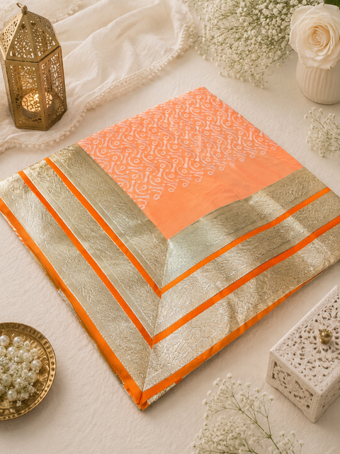 Peach color Cotton based Embroidery work Rumala Sahib Double Set With Palkan
