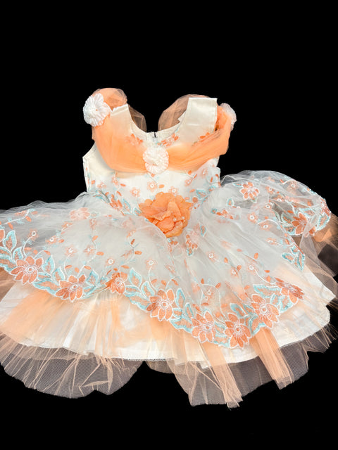 White and Peach colour netting kids frock