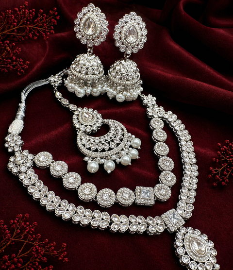 Silver Jerkan stone with pearls beaded work beautiful necklace with jhumka and tikka set