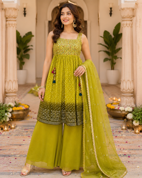 Chiffon embroidery work & Mirror work Nayra cut kameez with plazo & dupatta (slight variations in color and design is possible)