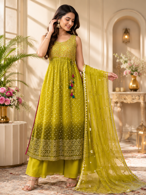Chiffon embroidery work & Mirror work Nayra cut kameez with plazo & dupatta (slight variations in color and design is possible)