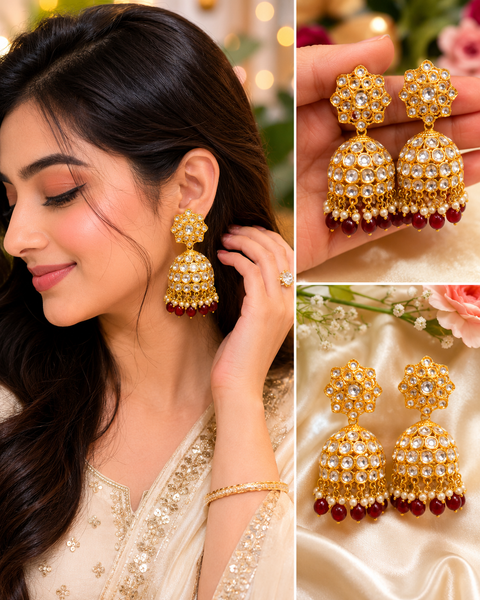 Golden Jerkan stone with multicoloured pearls work beautiful Jhumka (slight variations in color and design is possible)