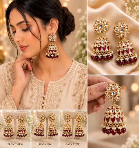Bigger size Kundan Stone With Pearls Work Beautiful Meenakari Jhumka(slight variations in color and design is possible)