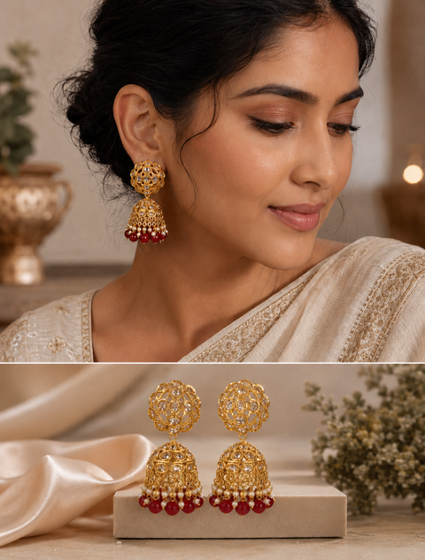 Kundan stone with Pearls work beautiful Jhumka  (slight variations in color and design is possible)