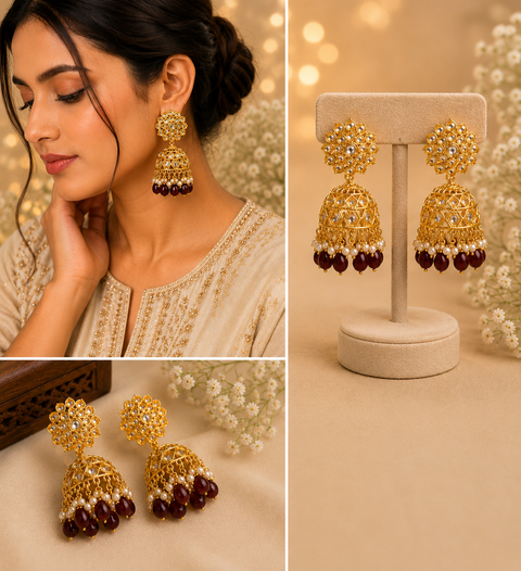 Kundan stone with Pearls work beautiful Jhumka  (slight variations in color and design is possible)