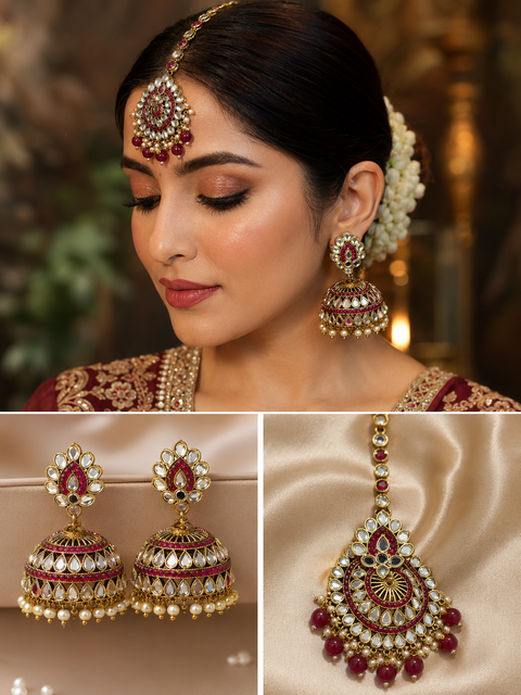 Mirror work with pearls work beautiful Jhumka Balian big size with Tikka (slight variations in color and design is possible)