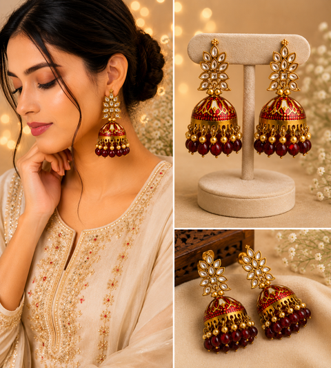 Polki stone with pearls and meenakari work beautiful Jhumka (slight variations in color and design is possible)