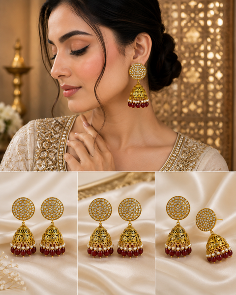 Kundan Stone With Pearls Work Beautiful Jhumka (slight variations in color and design is possible)