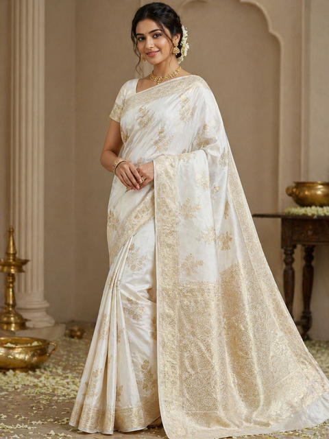 Cream color Beautiful Very Soft Pure Dola Silk Beautiful Saree (very soft to set the pleates) Blouse Shown Is For Reference Only.The Blouse Piece Is Included With Saree As Unstitched