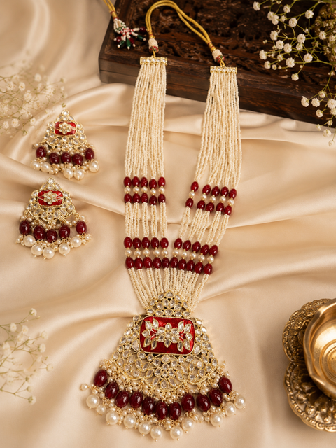 Pearls work with kundan stone & Meenakari work beautiful Rani haar /long necklace set with beautiful Earrings(slight variation in color and design is possible )