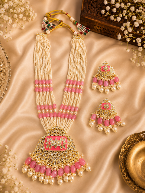 Pearls work with kundan stone & Meenakari work beautiful Rani haar /long necklace set with beautiful Earrings(slight variation in color and design is possible )