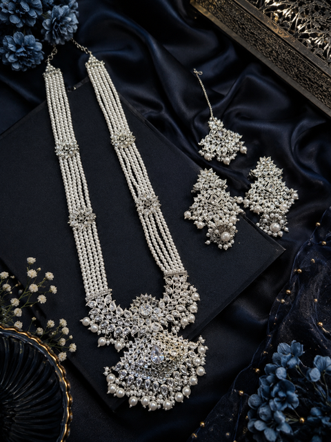 Silver Pearls Work With Kundan Stone Beautiful Rani Haar /Long Necklace Set With Beautiful Earrings