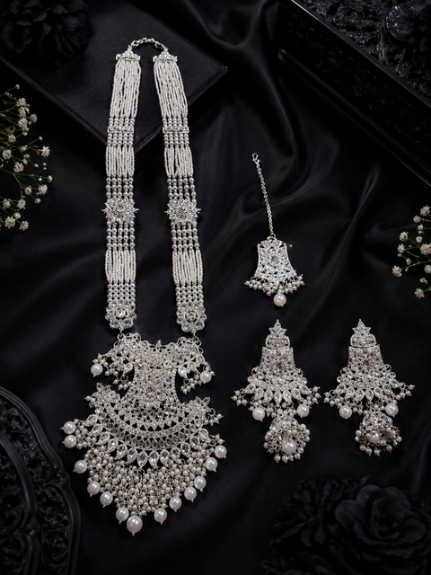 Silver Pearls Work With Kundan Stone Beautiful Rani Haar /Long Necklace Set With Beautiful Earrings (slight variations in color and design is possible)