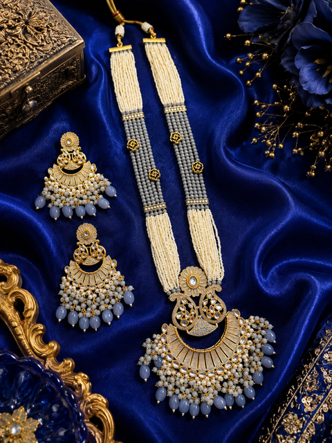 Grey colour meenkari with kundan work pendant Long rani haar with pearl work set with beautiful design earrings