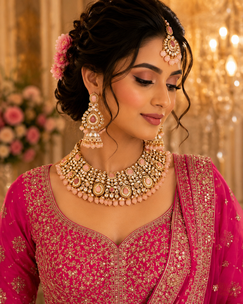 Elegant Kundan Bridal Necklace Set featuring delicate pearl detailing and timeless royal charm (slight variation in color and design is possible)