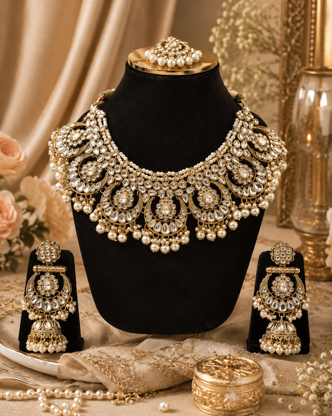 Elegant Kundan Bridal Necklace Set featuring delicate pearl detailing and timeless royal charm (slight variation in color and design is possible)