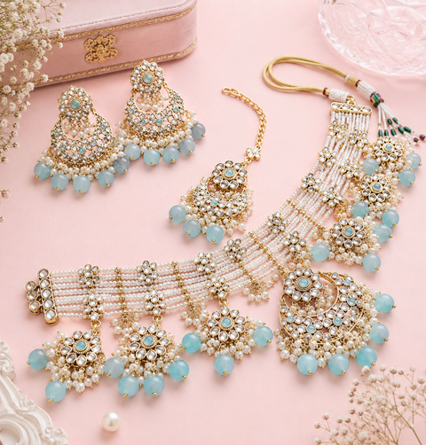 Kundan work beautiful heavy work necklace with designer Jhumka Earrings and Tikka Set featuring delicate pearl detailing and timeless royal charm (slight variation in color and design is possible)