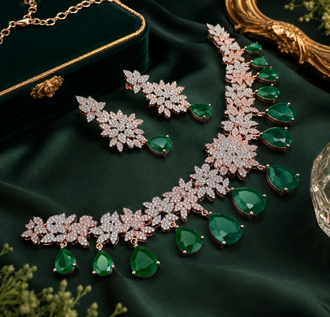 Rose gold American Diamond stones very fine work classy necklace with beautiful earrings(slight variation in color and design is possible)