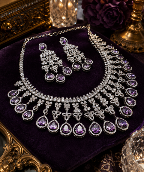 Bridal wear purple & Silver crystals American Diamond beautiful necklace set with crystal American diamonds(slight variation in color and design is possible)