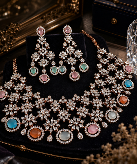 Bridal wear Pastel Multi with Rosegold crystals American Diamond beautiful necklace set with crystal American diamonds