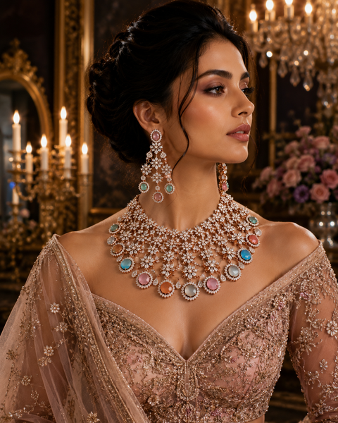 Bridal wear Pastel Multi with Rosegold crystals American Diamond beautiful necklace set with crystal American diamonds