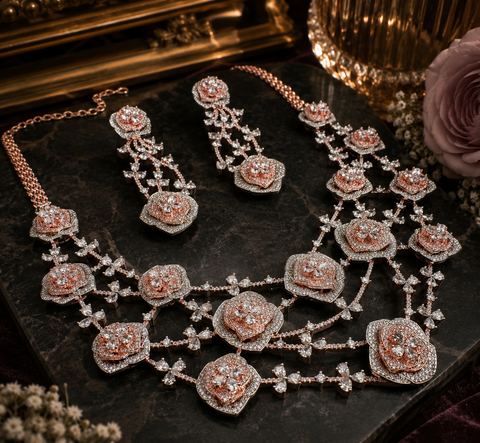 Bridal wear Rosegold crystals American Diamond beautiful necklace set with crystal American diamonds