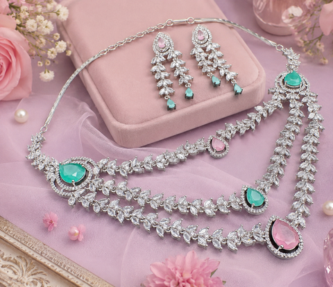 Mint & Pink crystals American Diamond beautiful necklace set with crystal American diamonds(slight variation in color and design is possible)