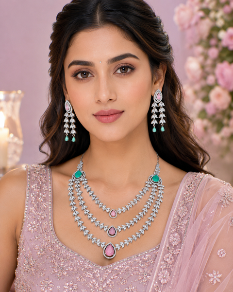 Mint & Pink crystals American Diamond beautiful necklace set with crystal American diamonds(slight variation in color and design is possible)