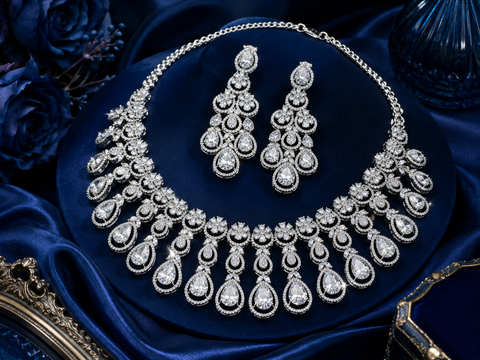 Silver crystals American Diamond beautiful necklace set with crystal American diamonds(slight variation in color and design is possible)
