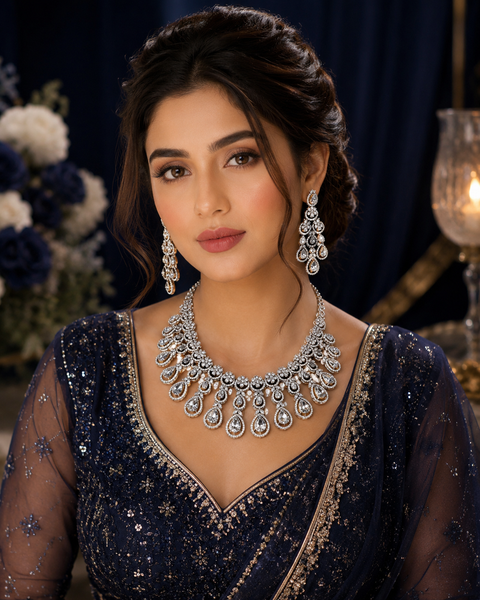 Silver crystals American Diamond beautiful necklace set with crystal American diamonds(slight variation in color and design is possible)