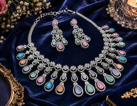 Pastel crystals American Diamond beautiful necklace set with crystal American diamonds(slight variation in color and design is possible)