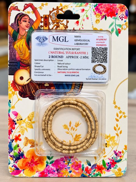 Natural Tulsi Kanthi Mala – 2 Round (Certified)Sacred Tulsi Wood Kanthi Mala with approx. 2mm beads, traditionally associated with Lord Vishnu and Lord Krishna. Ideal for daily wear, pooja and meditation. Comes with an MGL Lab Certificate and QR code.