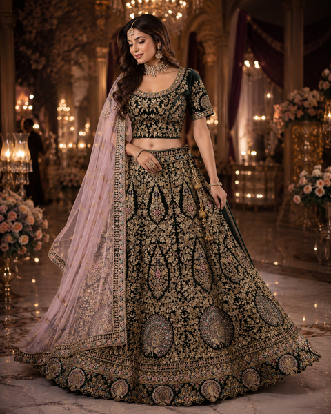 (Clip attached S-40(44))velvet based beautiful embroidery work with heavy squined & stones work heavy ken ken super Designer Bridal Lehnga with heavy tessels attached to blouse & Lehnga & heavy work dupatta(slight variation in color & design is possible)