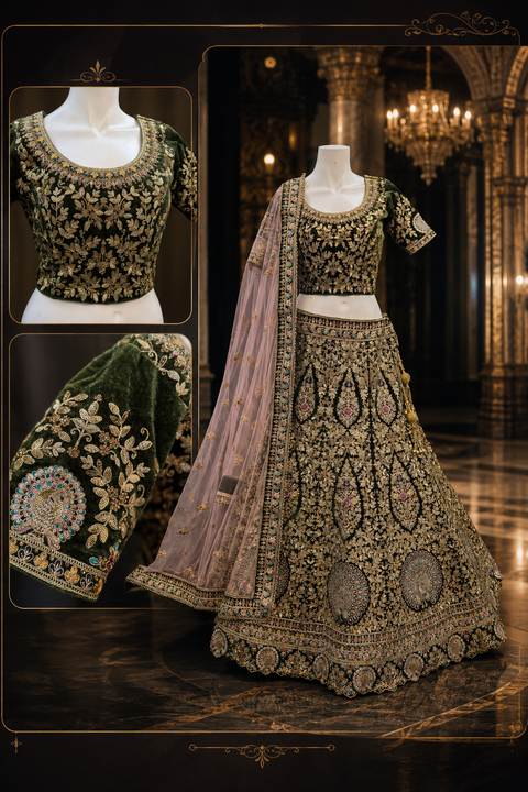 (Clip attached S-40(44))velvet based beautiful embroidery work with heavy squined & stones work heavy ken ken super Designer Bridal Lehnga with heavy tessels attached to blouse & Lehnga & heavy work dupatta(slight variation in color & design is possible)