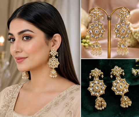 Beautiful Kundan & Pearls work jhumka ,very lite weight (slight variations in color and design is possible)