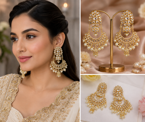 Kundan with beautiful pearls heavy look Earrings(slight variations in color and design is possible)
