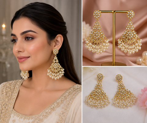 Kundan with beautiful pearls heavy look Earrings with lite weight (slight variations in color and design is possible)