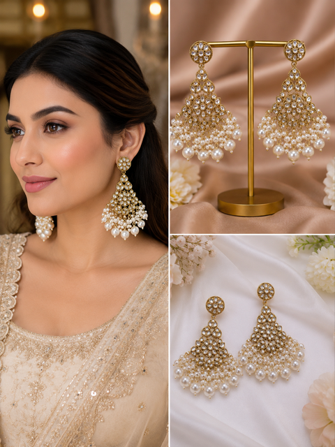 Kundan with beautiful pearls heavy look Earrings with lite weight (slight variations in color and design is possible)