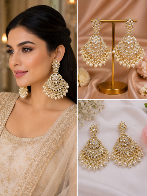 Kundan with beautiful pearls heavy look Earrings (slight variations in color and design is possible)