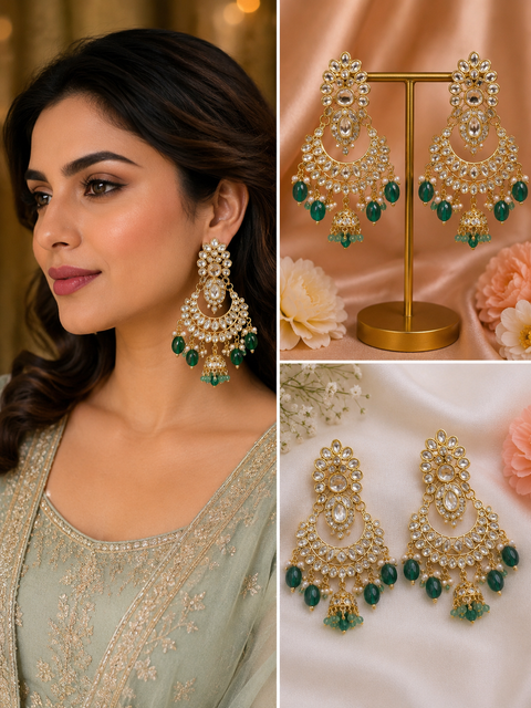 Kundan with beautiful pearls heavy look Earrings(slight variations in color and design is possible)