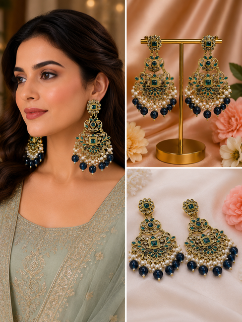 Original Polki with beautiful pearls heavy look Earrings with lite weight (slight variations in color and design is possible)