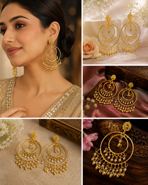 Golden pearls with pippal patti punjabi balian(slight variations in color and design is possible)